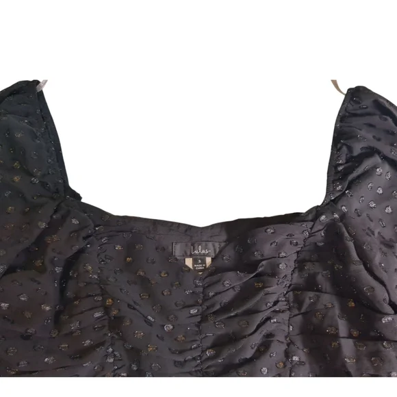 Lulu's Totally Charmed Black Ruched Clip Dot Balloon Sleeve Top Size Small - Picture 6 of 8